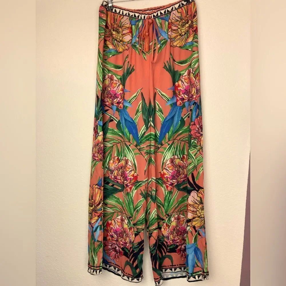 Flying Tomato high waisted tropical Wide-Leg Pants w/drawstring waist & tassels